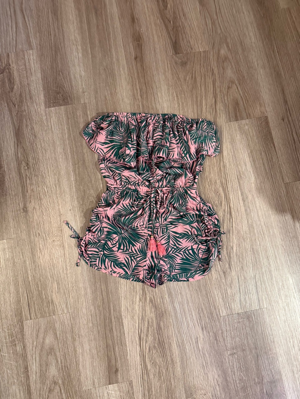 Elan Woman’s Medium Ruffle Top Shorts Romper Pink with Palms Print Tropical